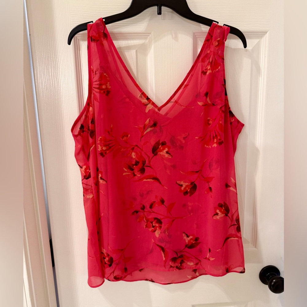 White House Black Market Hot Pink Floral V-Neck Blouse